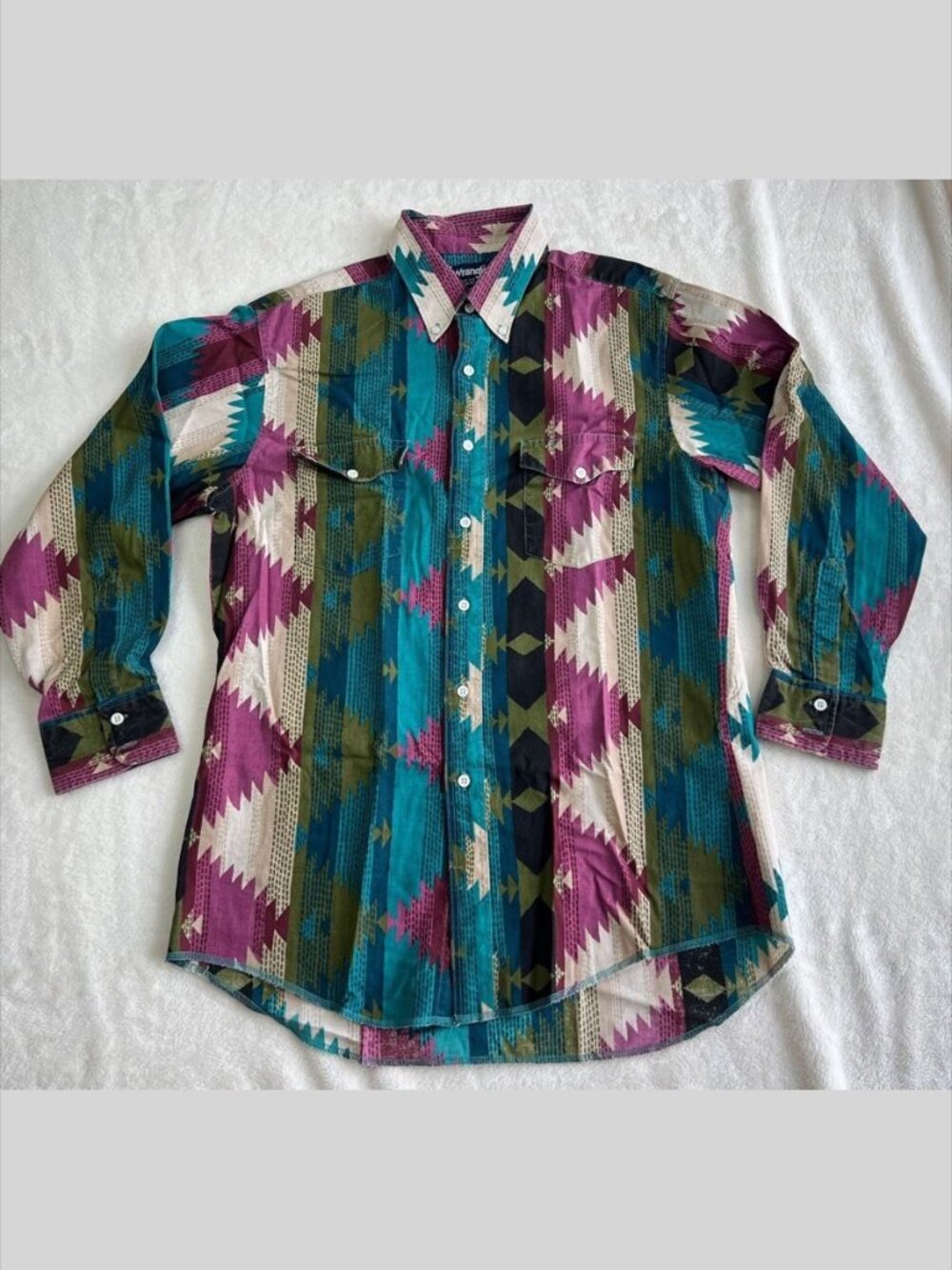 Vintage 90s Wrangler Cowboy Cut Aztec Southwestern Western Shirt USA 16.5 x 35 - Picture 2 of 6